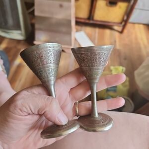 Etched Brass Goblet Pair - Decorative Mini Chalices